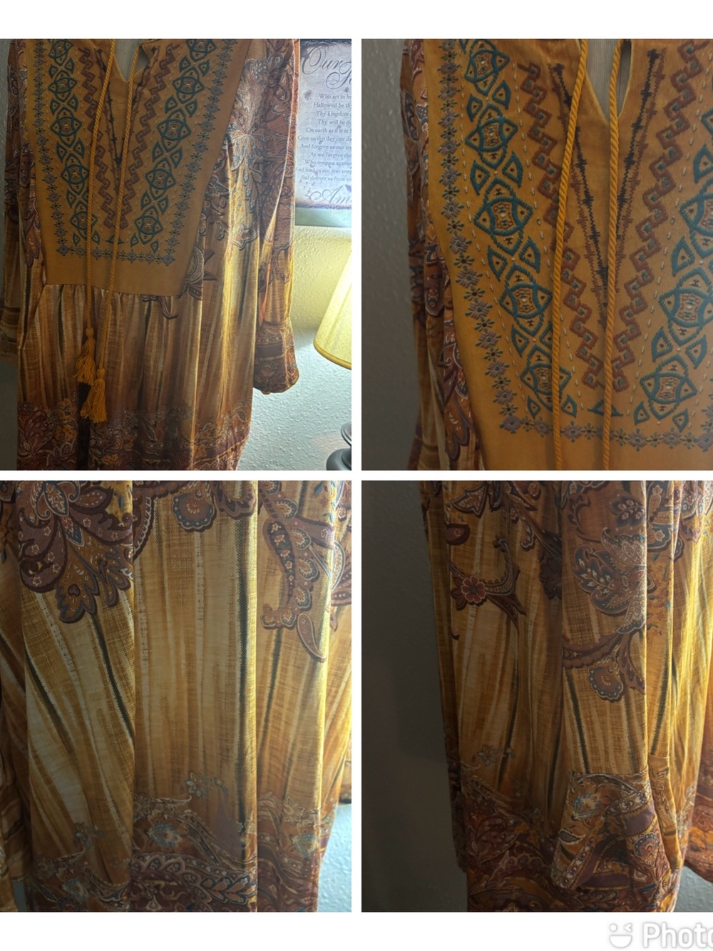 Bohemian Mustard Yellow Printed Peasant Blouse with Tasseled Tie
